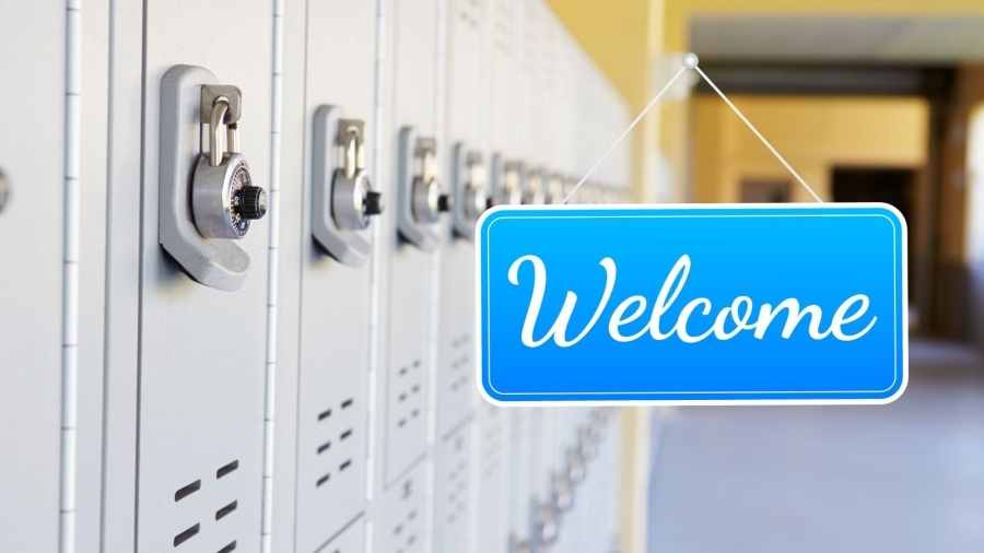 lockers with welcome sign